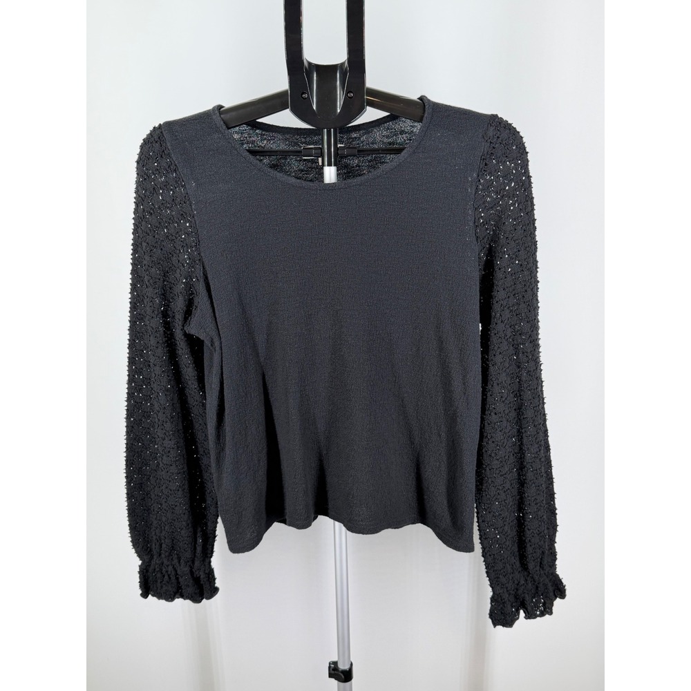 Madewell Black Textured Eyelet Lace Sleeve Ruffle Cuff Top Small
